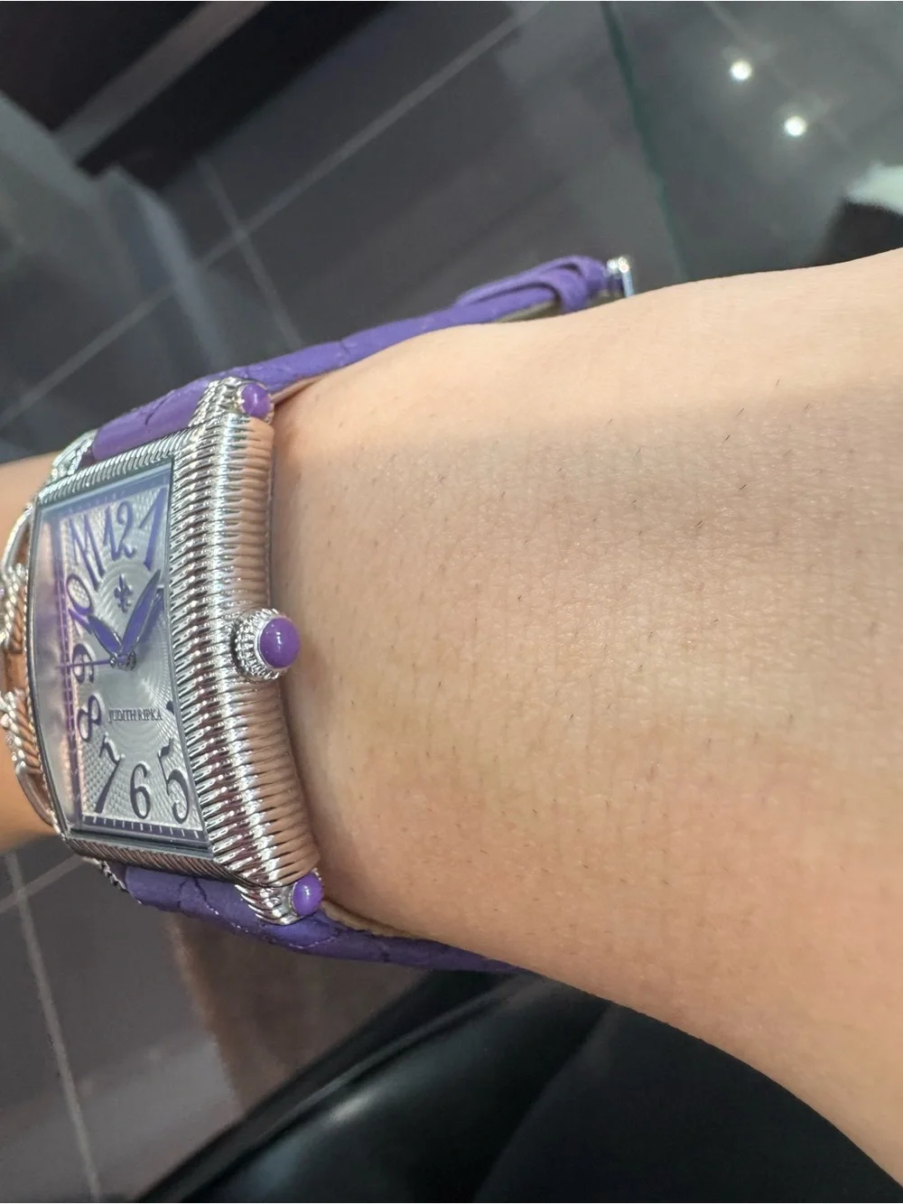 New Judith Ripka Stainless Steel Quilted Leather Tank Watch – Purple
